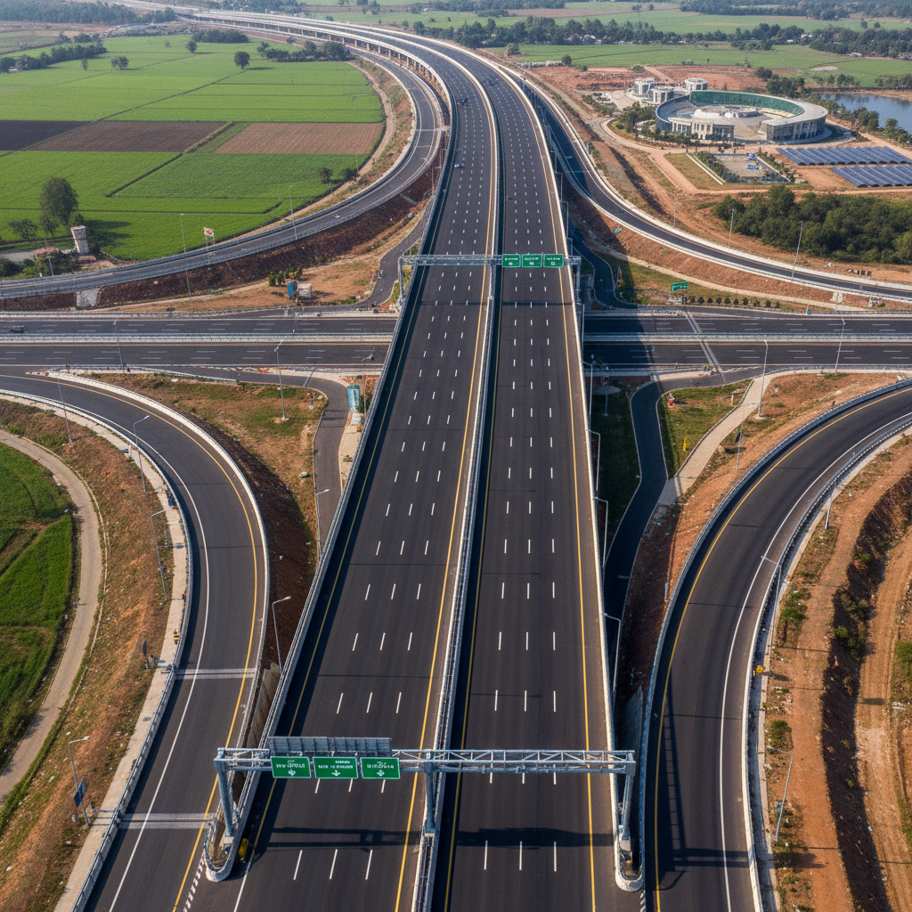 Aerial view of Dwarka Expressway showing modern infrastructure and connectivity to Delhi-NCR